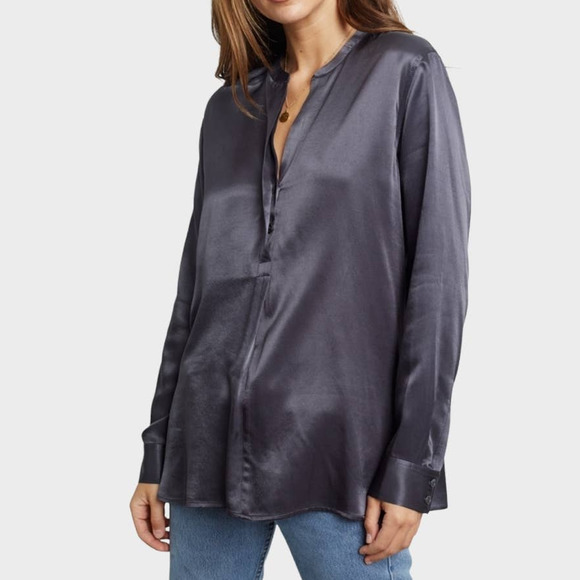 Rails Reiss Satin Popover Top Half Button Long Sleeve Crepe Slate Gray Large - Picture 1 of 14
